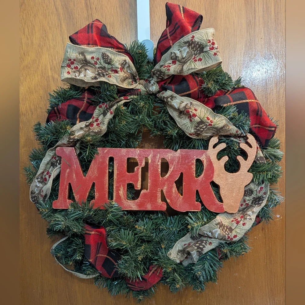 Rustic Holiday Wreath with 'Merry' Sign And Deer Outline, Squiral Ribbon